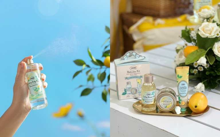 SABON沁柚莫西多身體香氛噴霧100ml / 1,480元。(右)收納清潔、去角質、保濕三部曲,隨時展開降溫儀式。SABON沁柚莫西多明星三部曲推薦組3入旅行組/1,280元(圖/品牌提供)