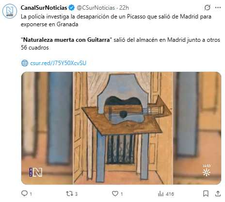 《吉他靜物》原計畫展出於《Bodegón:不朽的靜物》展覽,卻在運送途中離奇失蹤。(圖/翻攝自X,@CSurNoticias )