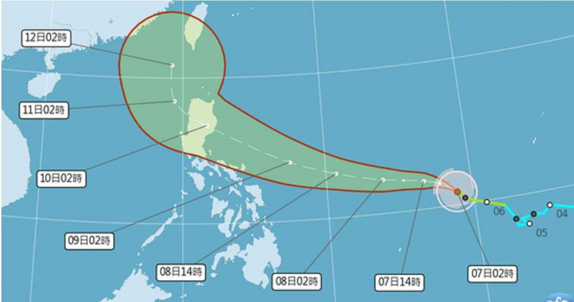 鳳凰颱風外圍環流將自週一起影響北部與東半部地區，恐有明顯風雨。（圖／氣象署）