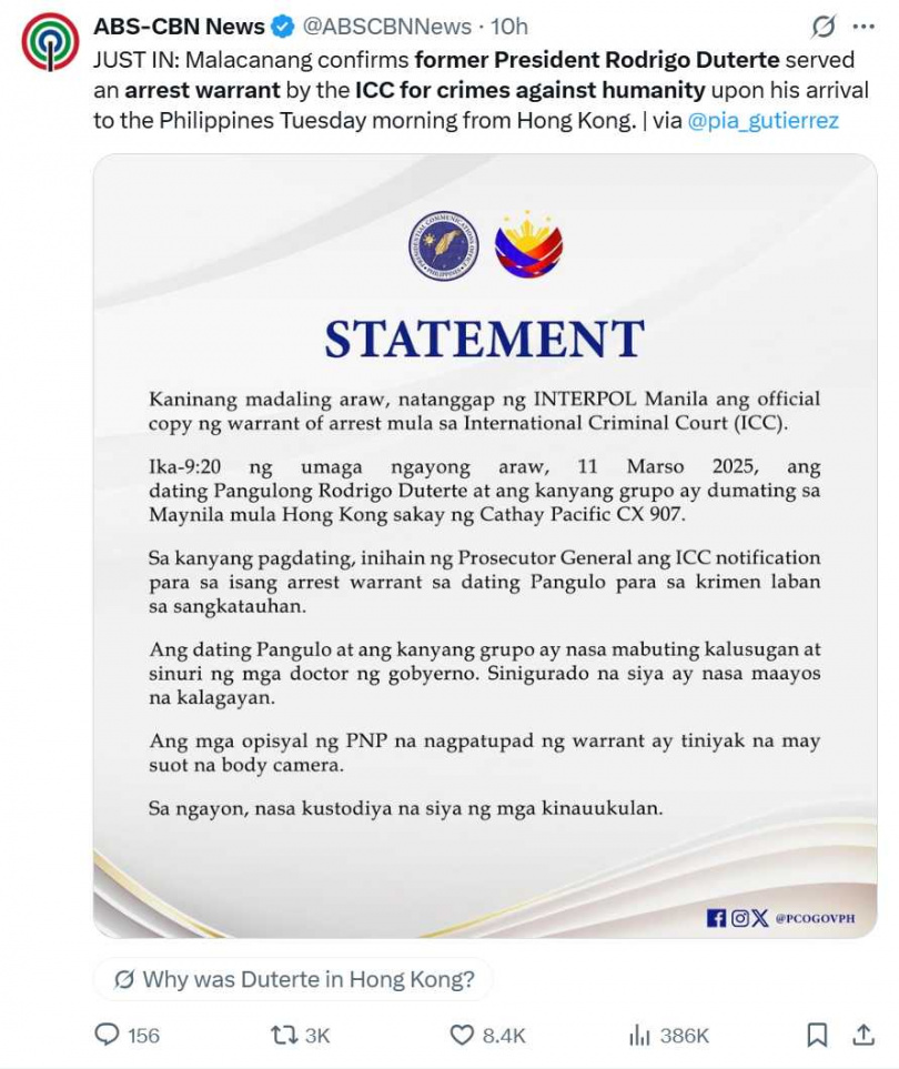 菲律賓前總統杜特蒂11日搭機返回菲國時，遭警方執行ICC逮捕令拘捕，稍後送往荷蘭海牙國際刑事法院。（圖／翻攝自X）