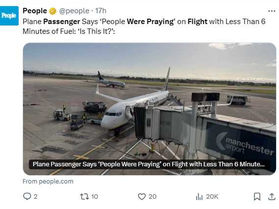 瑞安航空航班遇強風盤旋近兩小時,最後燃油僅剩220公斤驚險落地,調查單位已介入。(圖/翻攝自X,People)