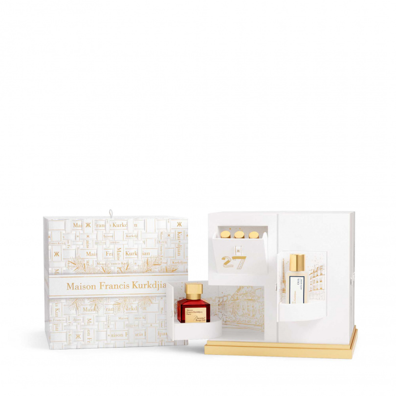 Maison Francis Kurkdjian 2025限量跨年倒數日曆 38,800元／內含Baccarat Rouge 540香精70ml、Grand Soir淡香精35ml、OUD satin mood髮香噴霧35ml、Mon beau Sapin香氛蠟燭75g、Baccarat Rouge 540身體油200ml、香氛滾珠瓶4ml×3、迷你蠟燭3×30g與神秘驚喜禮（圖／品牌提供）