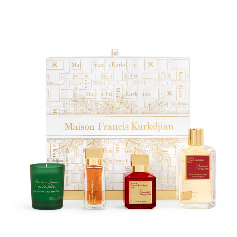 Maison Francis Kurkdjian 2025限量跨年倒數日曆 38,800元／內含Baccarat Rouge 540香精70ml、Grand Soir淡香精35ml、OUD satin mood髮香噴霧35ml、Mon beau Sapin香氛蠟燭75g、Baccarat Rouge 540身體油200ml、香氛滾珠瓶4ml×3、迷你蠟燭3×30g與神秘驚喜禮（圖／品牌提供）