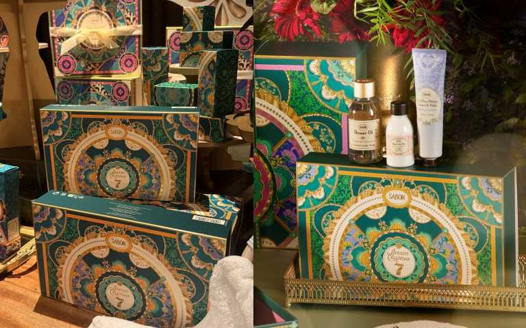 SABON 流光夜宴限量7天倒數月曆 2,380元。內容物包括：經典身體乳液50ml、茉莉花語身體磨砂膏60g、薰衣草二合一臉部磨砂膏60ml、經典護手霜30ml、綠玫瑰絲綢身體乳液50ml、茉莉花語絲綢身體乳液50ml、經典沐浴油100ml。（圖／品牌提供、黃筱婷攝）