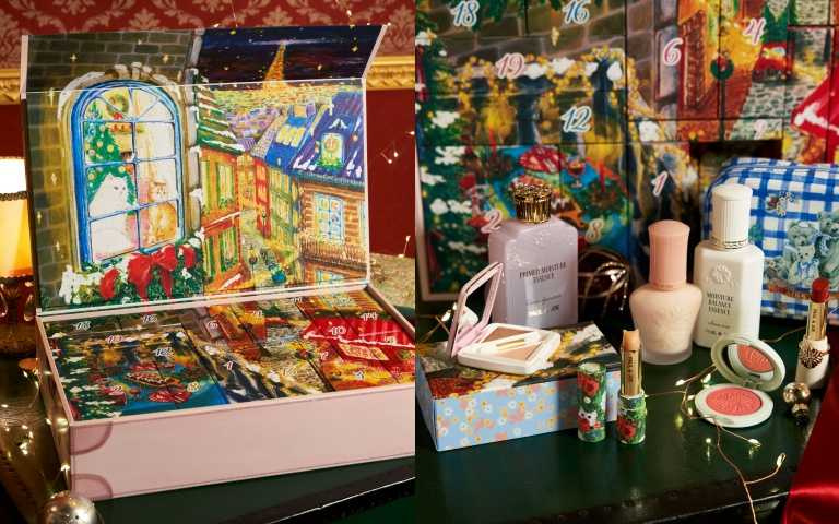 PAUL & JOE 巴黎假期倒數月曆 9,270元（價值22,150元）／內含糖瓷恆潤隔離乳30ml、糖瓷蜜粉餅9g、珍珠亮采筆2g、巴黎時尚水光嫩唇露10g、天島湖限量腮紅3g、雙色眼彩2.5g、睫毛膏7g、西洋菊潤唇膏20g、保濕護唇膏2.6g、紫羅蘭草本精華80ml、修護乳60ml、沐浴乳80ml、護手霜40g、小貓方巾、手機背袋、化妝包等（圖／品牌提供）