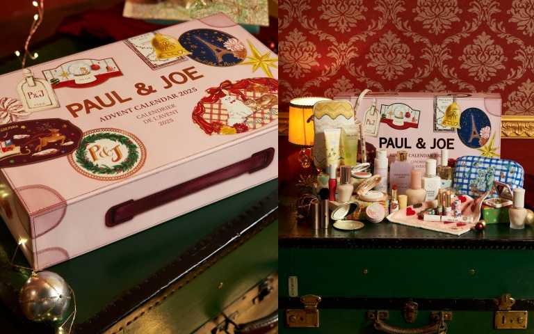 PAUL & JOE 巴黎假期倒數月曆 9,270元（價值22,150元）／內含糖瓷恆潤隔離乳30ml、糖瓷蜜粉餅9g、珍珠亮采筆2g、巴黎時尚水光嫩唇露10g、天島湖限量腮紅3g、雙色眼彩2.5g、睫毛膏7g、西洋菊潤唇膏20g、保濕護唇膏2.6g、紫羅蘭草本精華80ml、修護乳60ml、沐浴乳80ml、護手霜40g、小貓方巾、手機背袋、化妝包等（圖／品牌提供）