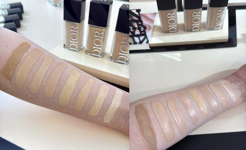DIOR迪奧超完美持久柔光粉底液 和迪奧超完美持久柔霧粉底液各八色共16色的試色（圖／黃筱婷攝）​