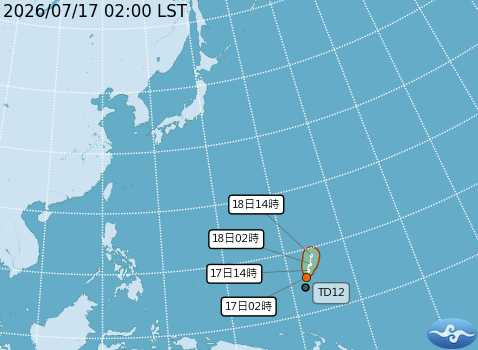 熱帶性低氣壓TD12可能在今天下午增強成颱風。(圖/中央氣象署)