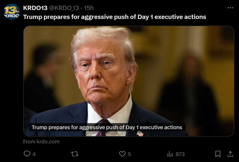 川普宣誓就任後的幾個小時內就會發布一系列行政命令。（圖／翻攝自X）