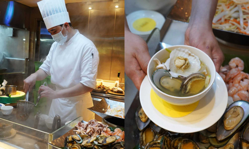 品嘗現做的「韓式海鮮湯麵」建議添入一些特調醬汁，微酸、辣、甜的風味可讓湯頭滋味更提升。（圖／魏妤靜攝）