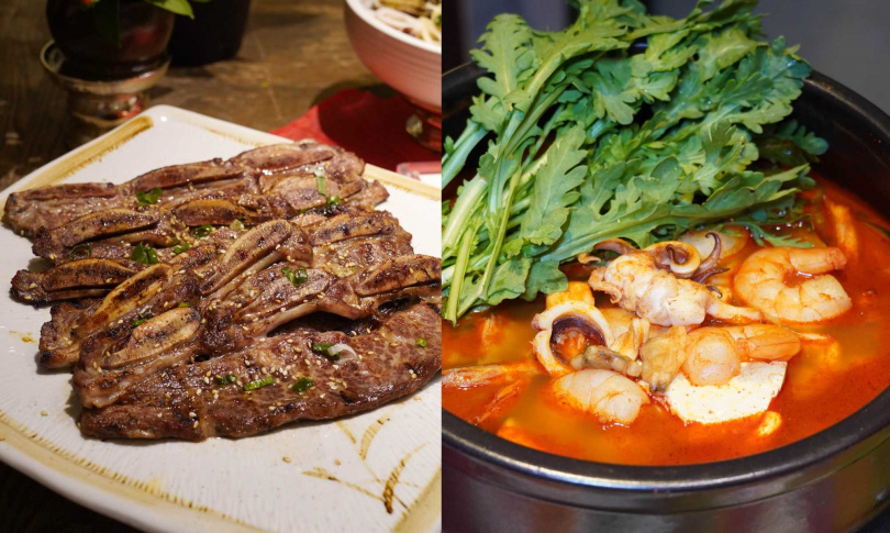 「韓式烤牛排」（左）的軟嫩口感與帶甜醬汁十分討喜，右為「海鮮豆腐鍋」。（圖／魏妤靜攝）