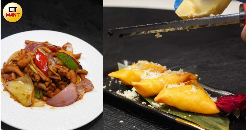 「鼓椒炒鵝腸」（左）入口熱辣鮮香，「落花飛雪燕窩盞」上桌時則會現刨帕瑪森起司，增添鹹香也營造視覺感。（各580元，圖／魏妤靜攝）