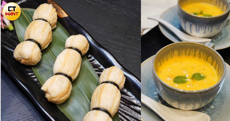 芋香蓮藕酥」（左）酥鬆溫潤又不顯油膩，經典甜品「楊枝潤甘露」果香清新、口感滑順。（各220元，圖／魏妤靜攝）