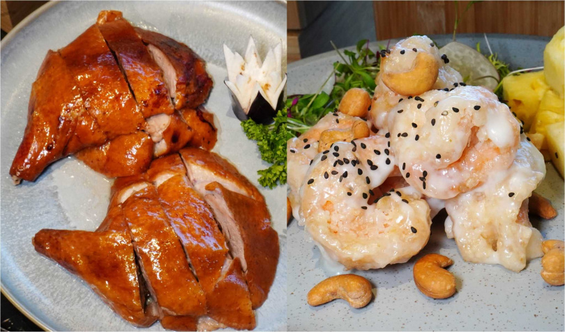 「明爐烤鴨腿」(左)飽滿多汁,8選2的熱炒料理最受歡迎的是酸甜彈牙的「鳳梨鮮蝦球」。(圖/魏妤靜攝)