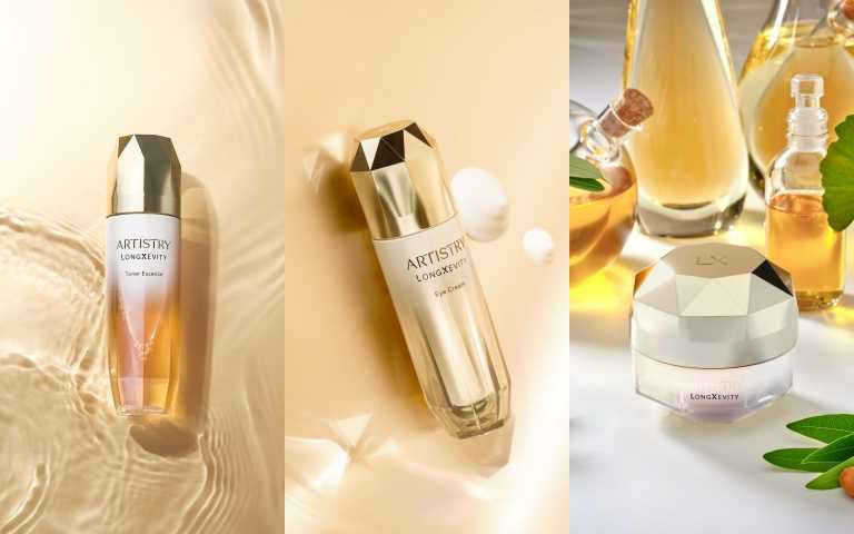 ARTISTRY 雅芝 時光金耀系列包括：(左)精華凝露 125ml / 3,950元、（中）緊緻眼霜 15g / 4,100元、（右）豐潤乳霜 50g / 9,800元。（圖／品牌提供）
