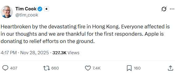 Apple執行長庫克發文哀悼香港大火,並宣布捐款支援救災與重建。(圖/翻攝自X,@tim_cook)