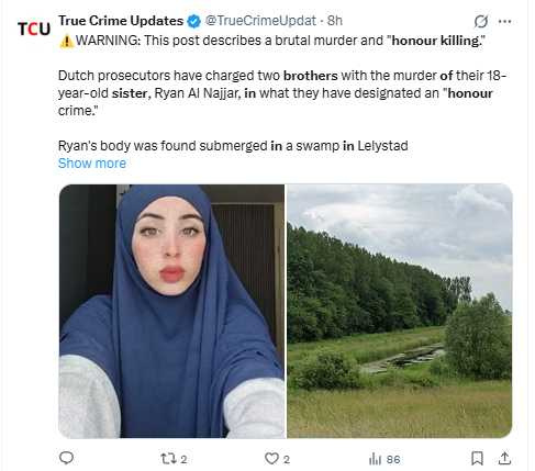 18歲少女瑞恩・納加爾(Ryan Al Najjar)遭控遭父命兄長帶往濕地綑綁溺斃,荷蘭檢方認定為榮譽殺害。(圖/翻攝自X,@TrueCrimeUpdat)