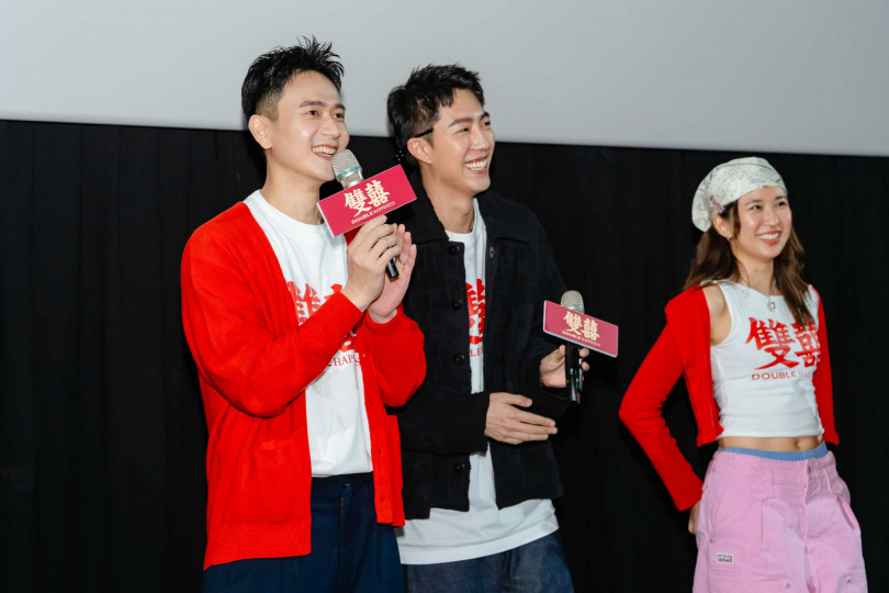劉冠廷（左起）、蔡凡熙、9m88為《雙囍》馬不停蹄謝票。（圖／水花電影提供）