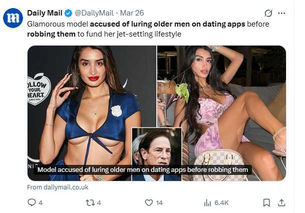 阿德娃拉維涉嫌透過交友軟體接近目標對象行竊,遭檢方以6項重罪起訴,案件引發關注。(圖/翻攝自X,@DailyMail)