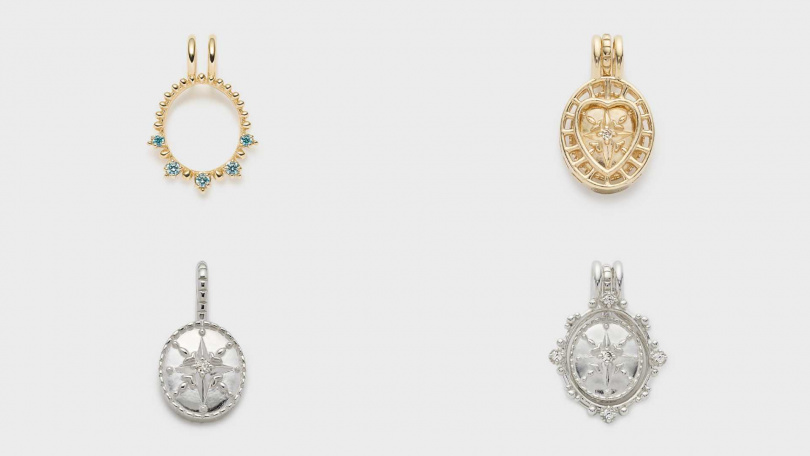 (左上) NOJESS小畫框墜飾／5,900元，(右上)愛心畫框墜飾／4,600元，搭配K5木星墜飾／5,200元。(左下) SV木星墜飾／2,600元，(右下)冰珠畫框墜飾／2,600元，搭配SV木星墜飾／2,600元（圖／品牌提供）