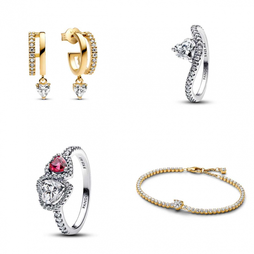 (左上) Pandora一見傾心耳環／4,580元、(左下)偏愛之心鑲邊戒指／3,680元、(右上)一見傾心波浪戒指／2,880元、(右下)璀璨之心寶石手鏈／6,280元（圖／品牌提供）