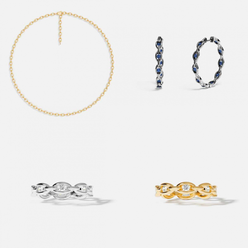 (左上)密鑲鏈環項鍊／7,600元，(右上)密鑲鏈環耳環／3,100元，(左下&右下)密鑲鏈環戒指／2,200元（圖／品牌提供）