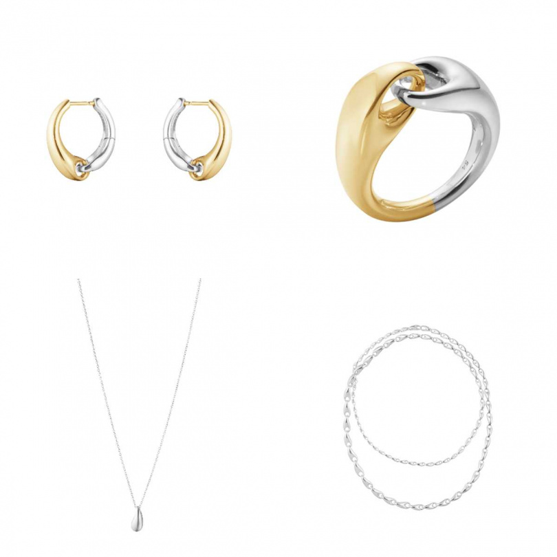 (左上)REFLECT系列_18K黃金純銀雙色耳環(大)／48,800元，(右上)18K黃金純銀單節雙色戒指／60,300元，(右下)純銀長鏈節項鍊 100CM／62,800元，(左下)純銀項鍊(迷你) ／$4,600元（圖／品牌提供）