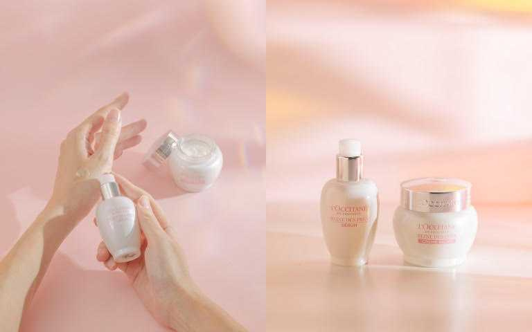 L’OCCITANE 歐舒丹白皇后光蘊透白精萃 30ml/2,980元 ；L’OCCITANE 歐舒丹白皇后光蘊透白霜 50ml/2,860元 （圖／品牌提供）