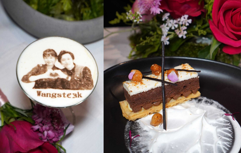 贈送給壽星的驚喜「相片拿鐵」（左）可幫你與另一半製造更多回憶，右為甜點新品「榛果拿破崙酥」。（圖／魏妤靜攝）