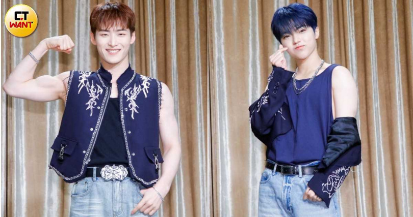 Youmin（左）秀出二頭肌，ON:N展示何謂「可愛的性感」。（圖／趙文彬攝）