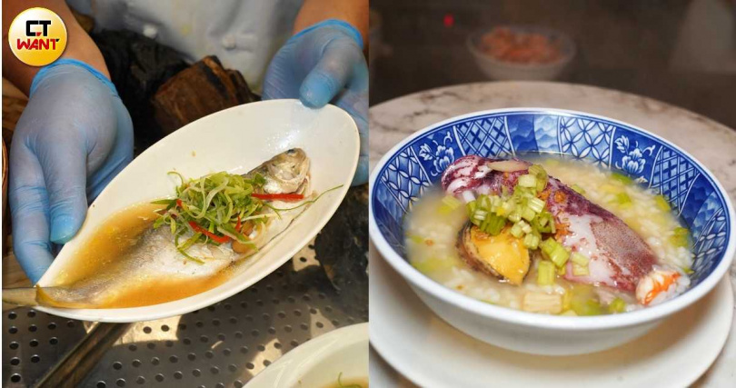 清蒸現流魚提供「樹子蒸魚」與「泰式檸檬蒸魚」兩種選擇(左),現做區的「鮑魚小卷泡飯」則可吃到多種海味。(圖/魏妤靜攝)