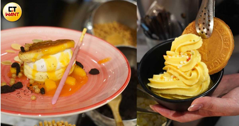 富有香氣又不膩口的「芒果生乳蛋糕捲」(左)、可以自己現擠、灑料的「芒果百香霜淇淋」都是全新的芒果季甜點。(圖/魏妤靜攝)