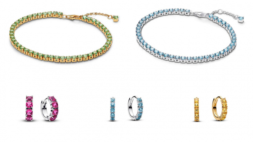 璀璨寶石手鏈（綠金）／6,280元，璀璨寶石手鏈（藍銀）／4,380元，璀璨耳環圈（粉）／4,080元，璀璨小巧耳環圈（藍）／2,280元，璀璨小巧耳環圈（黃）／3,080元（圖／品牌提供）