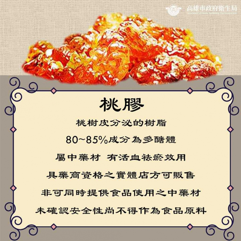 衛生局指出，「桃膠」為從桃樹樹皮分泌出的天然樹脂，具活血祛瘀等中藥用途，但非衛福部公告可作食品使用的中藥材。（高雄市衛生局提供／林雅惠高雄傳真）