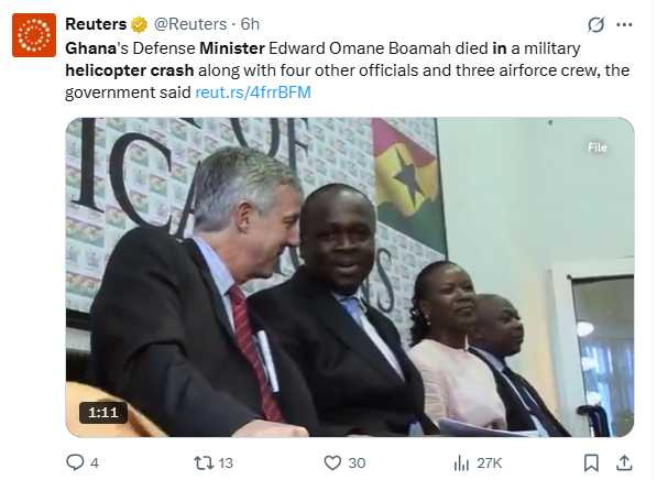 迦納總統馬哈馬辦公室確認博阿馬等8人罹難，表示「這是國家的悲痛時刻」。（圖／翻攝自X）