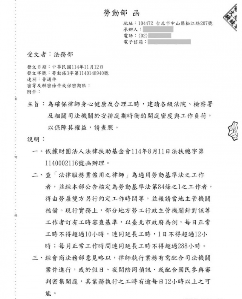 勞動部一紙關心律師工作量的公文讓司法界苦笑不得。(圖/讀者提供)