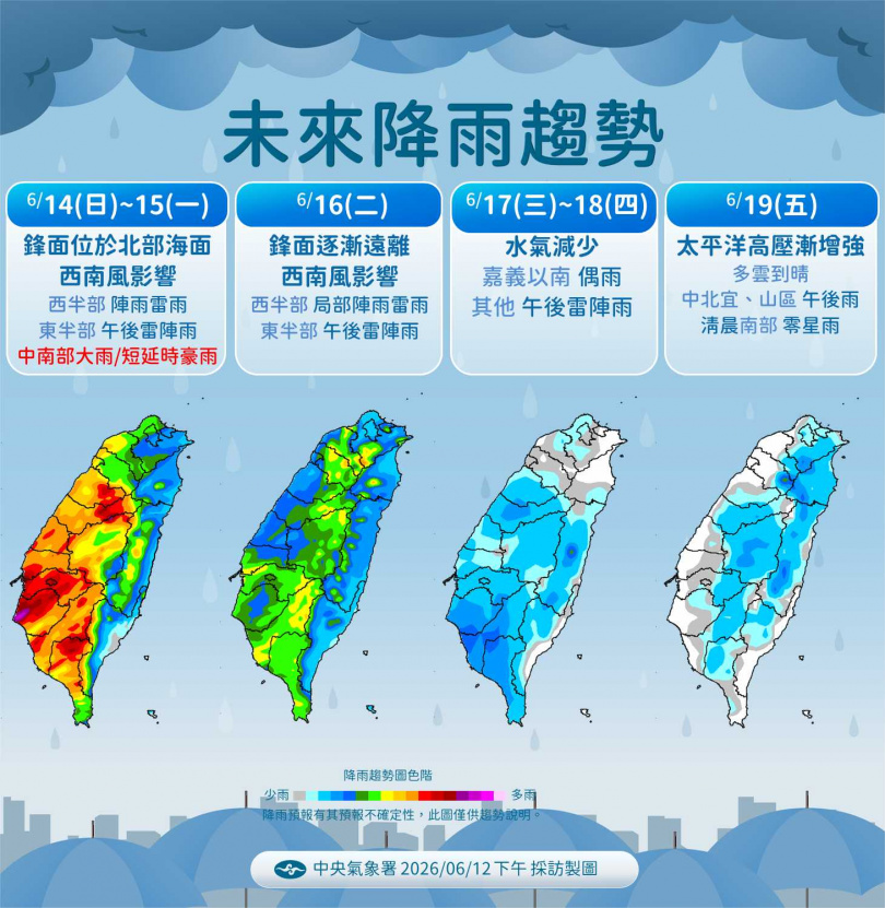 梅雨季進入尾聲,預估下周三後太平洋高壓增強,天氣逐漸回穩。(圖/氣象署提供)