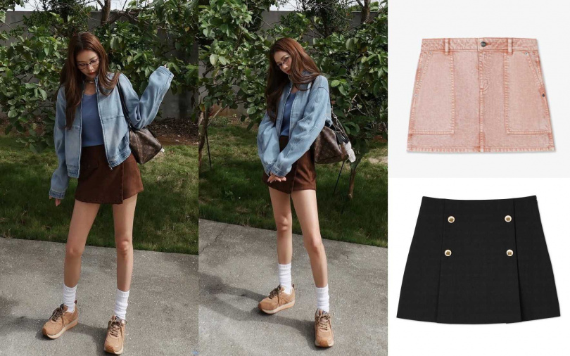 MICHAEL KORS玫瑰水晶粉丹寧短裙/8,800元、SANDRO黑色雙排釦短裙/8,590元(圖/品牌提供、取自許路兒IG)