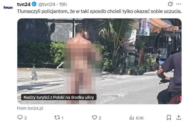 泰國帕岸島街頭近日出現波蘭籍情侶裸體相擁。（圖／翻攝自X）