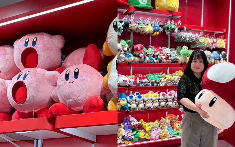 (左)任天堂授權商品旗艦中心的星之卡比玩偶；(右)任天堂授權商品旗艦中心的超級瑪利歐巨大蘑菇抱枕（圖／品牌提供）
