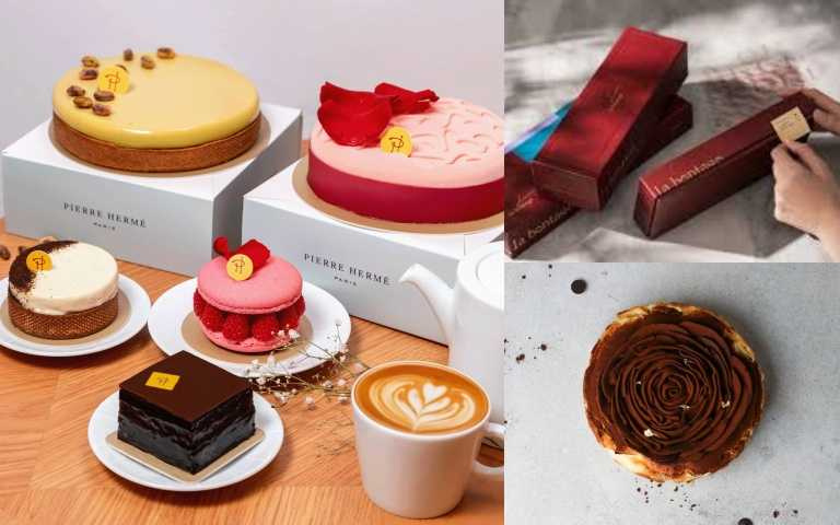 左起：PIERRE HERMÉ在520當天推出三款全新上市的精緻甜點！無盡香草塔、典藏巧克力蛋糕、玫瑰荔枝與覆盆子馬卡龍；(右上)La Bontage -72%黑巧克力法式牛奶糖商品圖。(右下)Buttered Flour巧克力巴斯克乳酪蛋糕，表面是玫瑰花造型超吸睛！（圖／品牌提供）