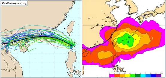左圖為「薇帕」中心通過巴士海峽，進入南海，登陸廣東。右圖為暴風圈侵襲機率圖，以從台灣東側北轉的機率最高，北台灣被侵襲的機率約40%。（圖／翻攝自洩天機教室）
