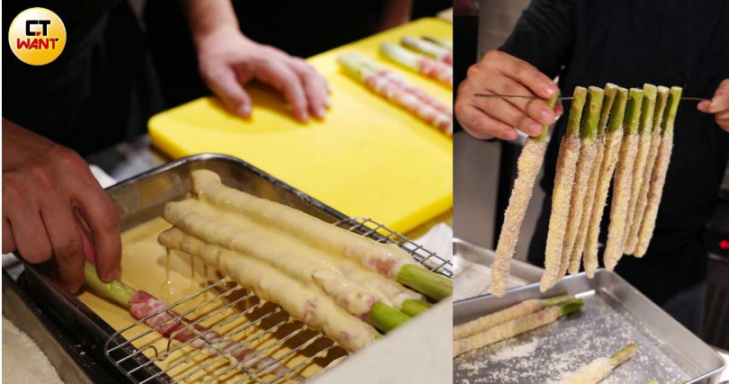 酥炸蘆筍之前會以鐵籤串起、保留底部不下鍋，讓未酥炸的蘆筍底部在上桌時可做為直接拿取食用的提把。（55元／支，圖／魏妤靜攝）