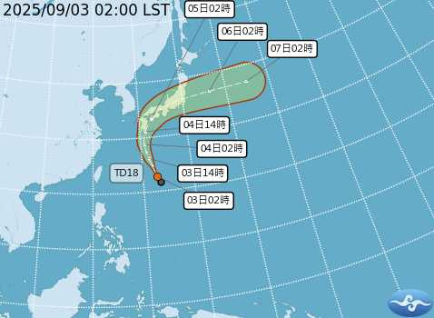 熱帶性低氣壓「TD18」預估在明日發展成輕颱「琵琶」。（圖／中央氣象署）