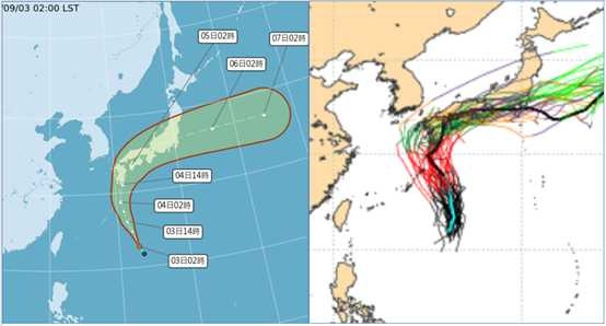 吳德榮指出，最新氣象署顯示，熱帶低壓在琉球東南方海面，向北北西轉北進行，接近九州再向東北東大迴轉，橫掃日本本土。最新歐洲系集模式顯示，熱帶系統系集模擬的平均路徑，與氣象署的預測路徑類似；個別系集模擬路徑分布在平均路徑的兩側。（圖／翻攝自氣象應用推廣基金會）