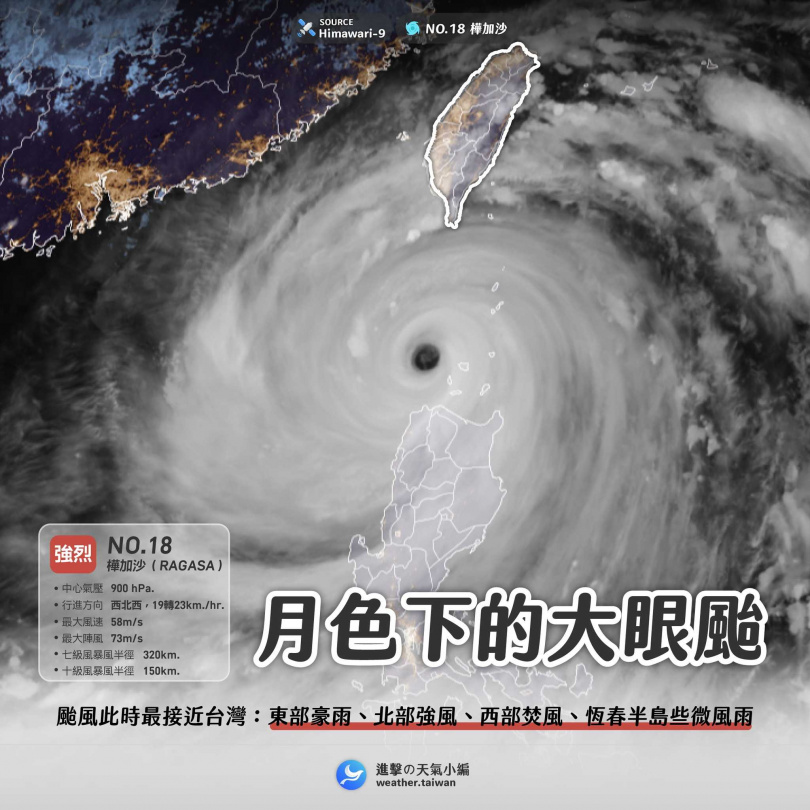 粉專也分享向日葵九號衛星22日晚間拍攝到的畫面。（圖／翻攝自臉書「進擊の天氣小編」）