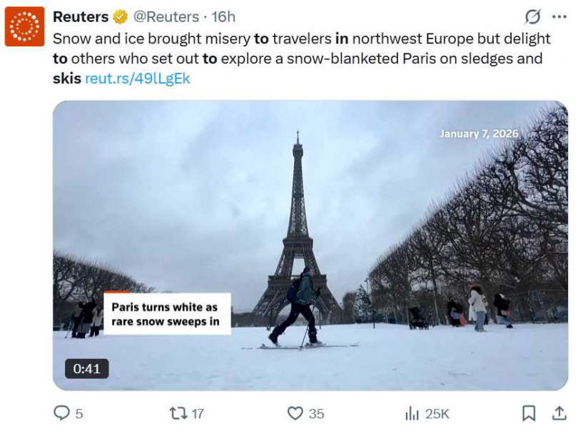 巴黎戴高樂機場積雪覆蓋,飛機停擺、跑道作業困難,導致大規模航班延誤與取消。(圖/翻攝自X,@Reuters)