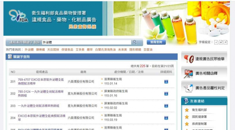 民眾購買外泌體相關保養產品，可先上網至「食品藥物消費者專區」查詢相關違規案件。（圖／翻攝衛福部食藥署）