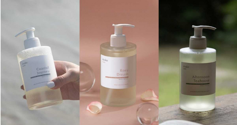 évoke醒沐濱海旅行外泌體蓬鬆洗髮精、玫瑰夢境滋養柔順洗髮精、午後茶室控油洗髮精 各300ml/680元(圖/品牌提供)