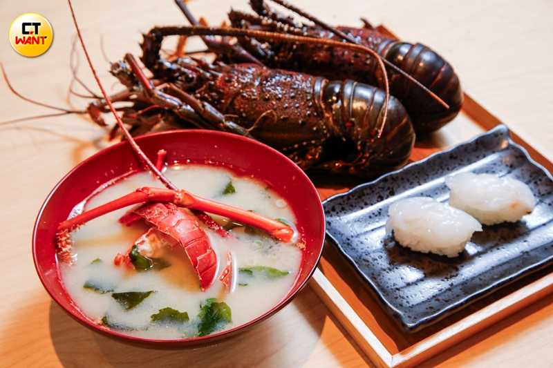 「伊勢龍蝦握壽司」（右，250元／貫）、「伊勢龍蝦高湯味噌湯」。（120元，圖／趙文彬攝）
